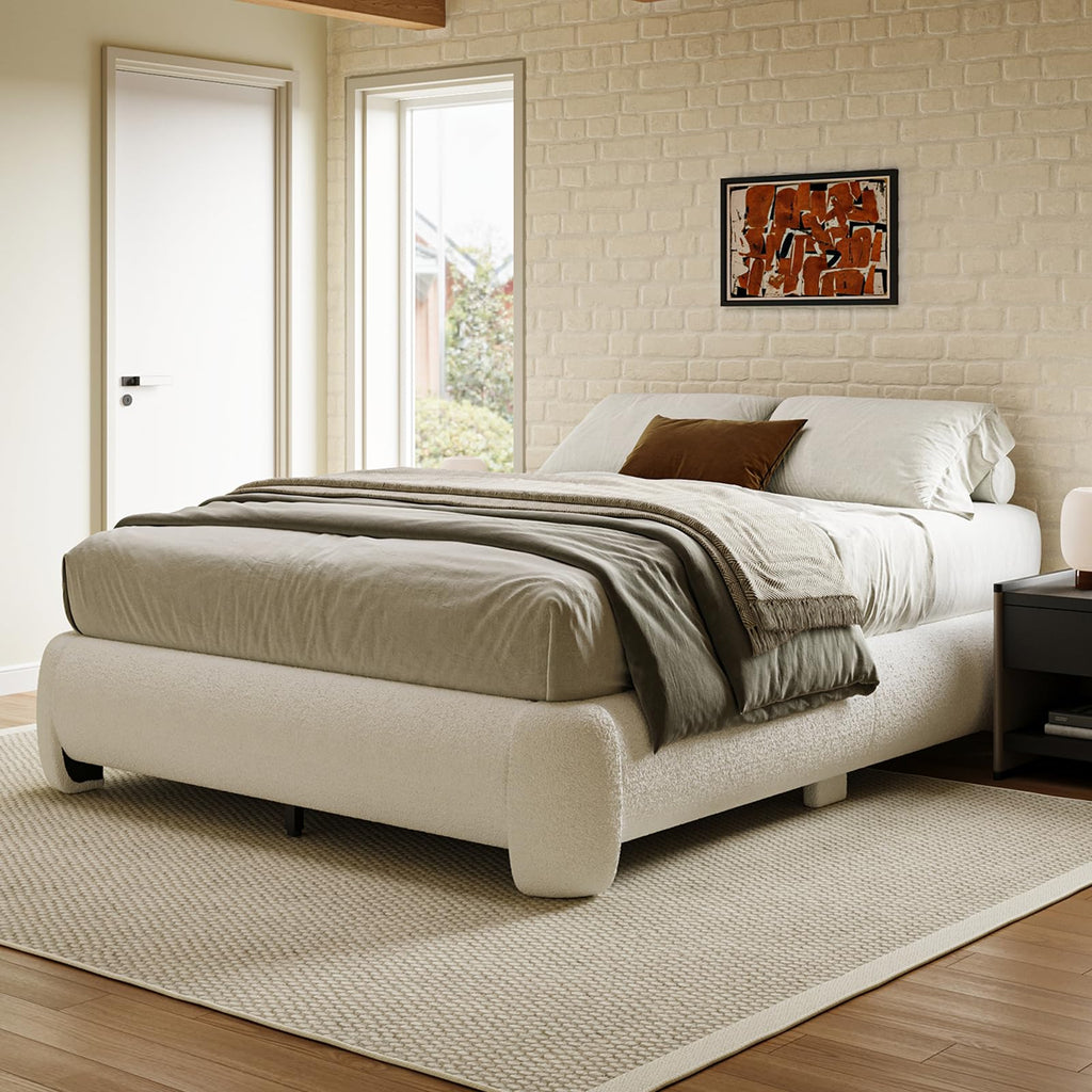 Queen Size White Boucle Upholstered Bed Frame Y648