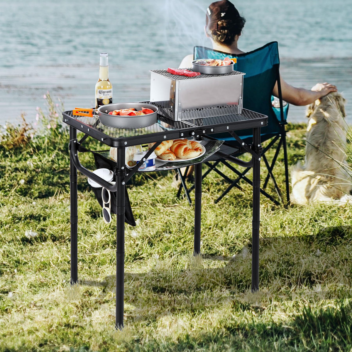 Lightweight Height Adjustable Aluminum Folding Grill Table with Mesh Desktop, Black H1573