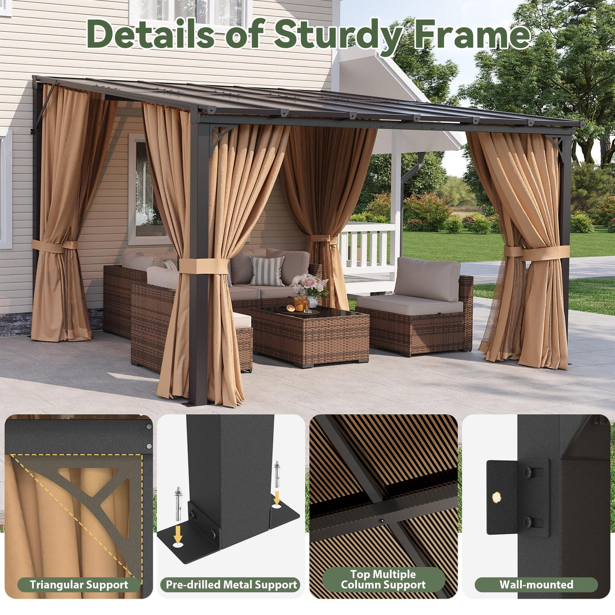 12'x10' Lean to Gazebo with Mosquito Net and Curtains, Brown S286
