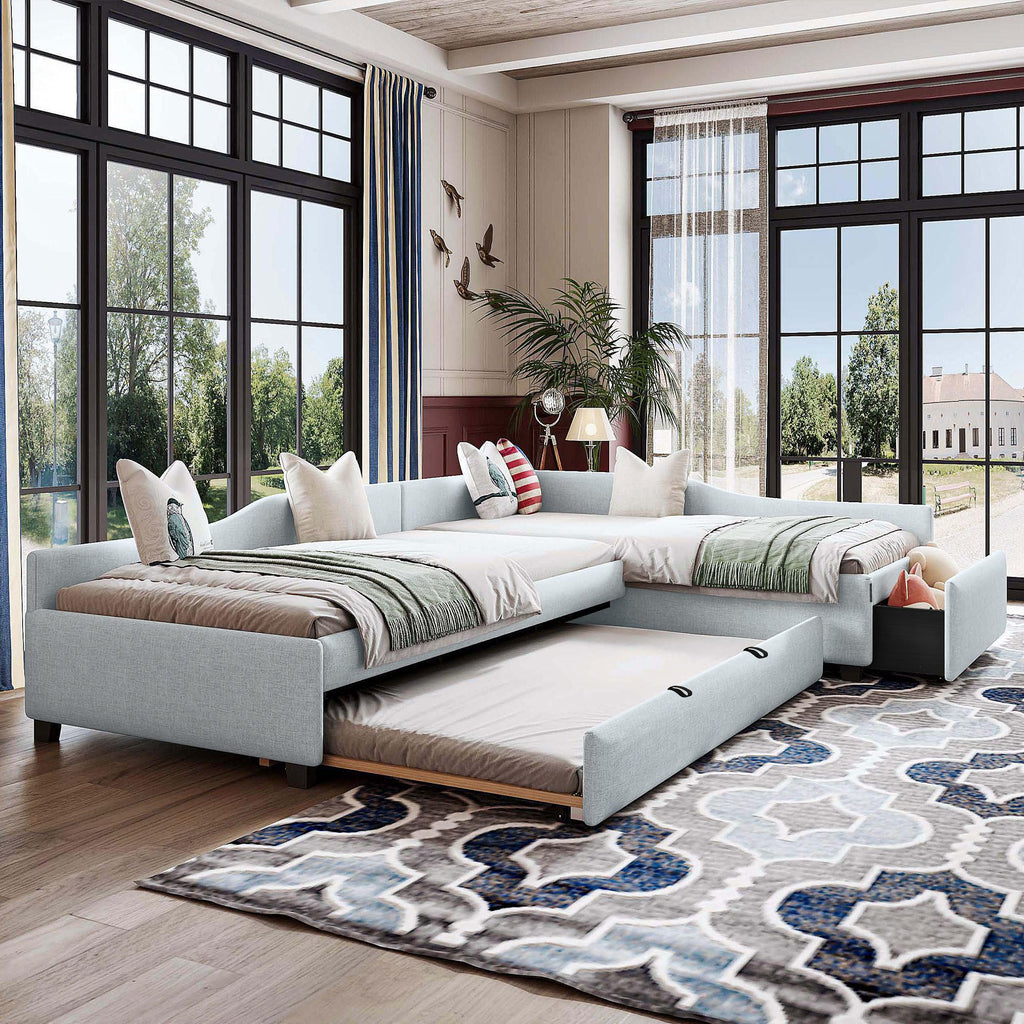 Double Twin Size L Shaped Upholstered Daybed with Trundle and Storage Drawer H662347
