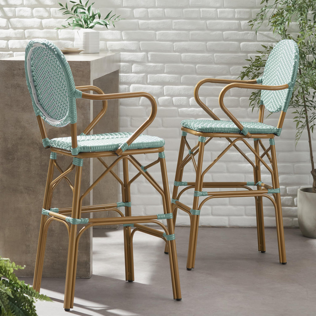 Teal Bamboo Print Wicker Aluminum Bar Stools Set of 2 F660778