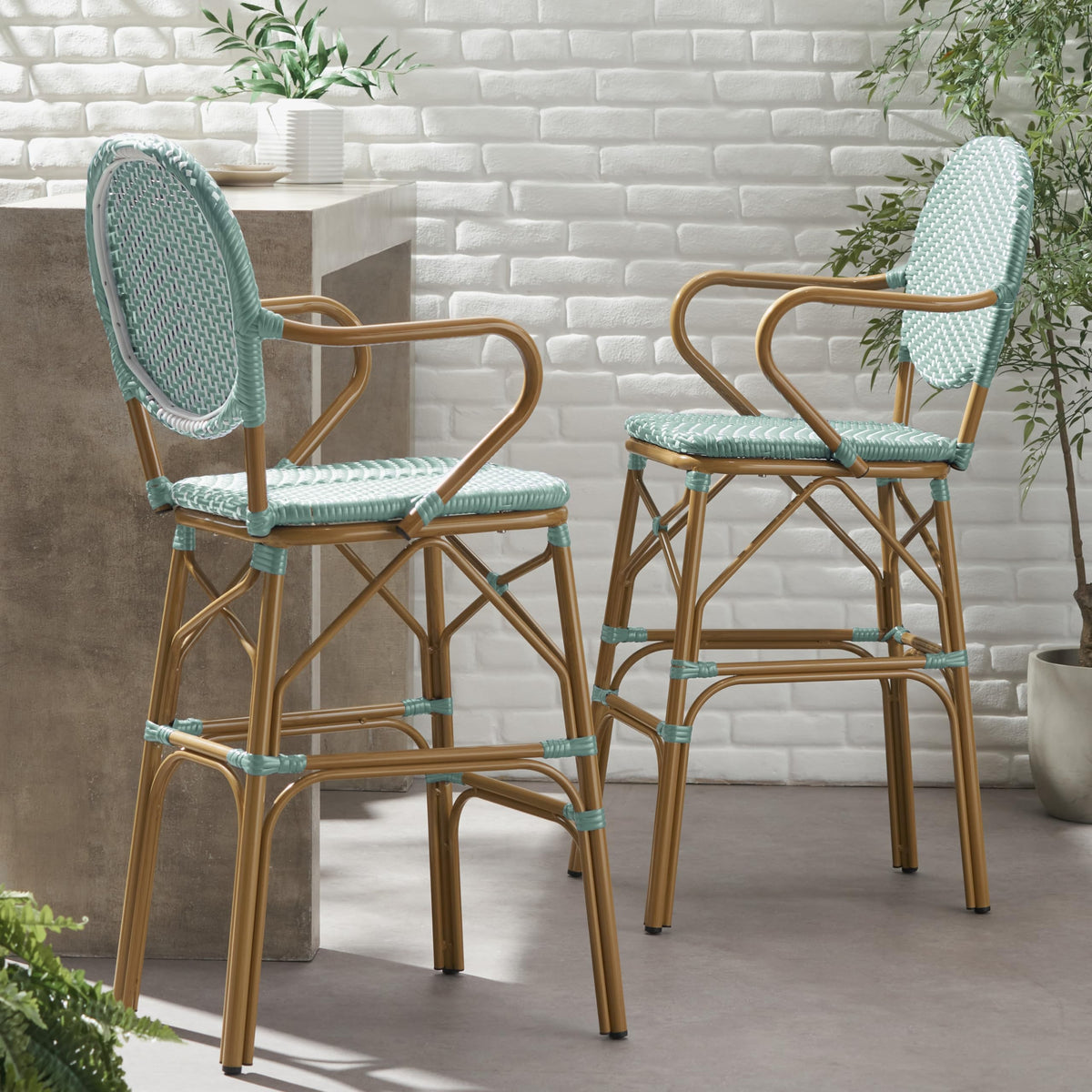 Teal Bamboo Print Wicker Aluminum Bar Stools Set of 2 F660778