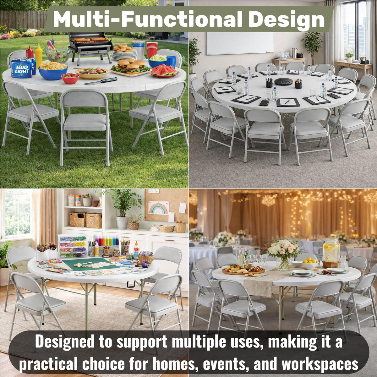 6 Ft Round Bi-Fold Folding Table with 10 Chairs S247