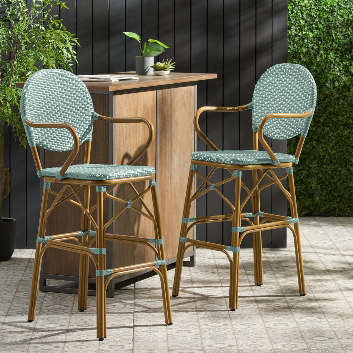 Teal Bamboo Print Wicker Aluminum Bar Stools Set of 2 F660778