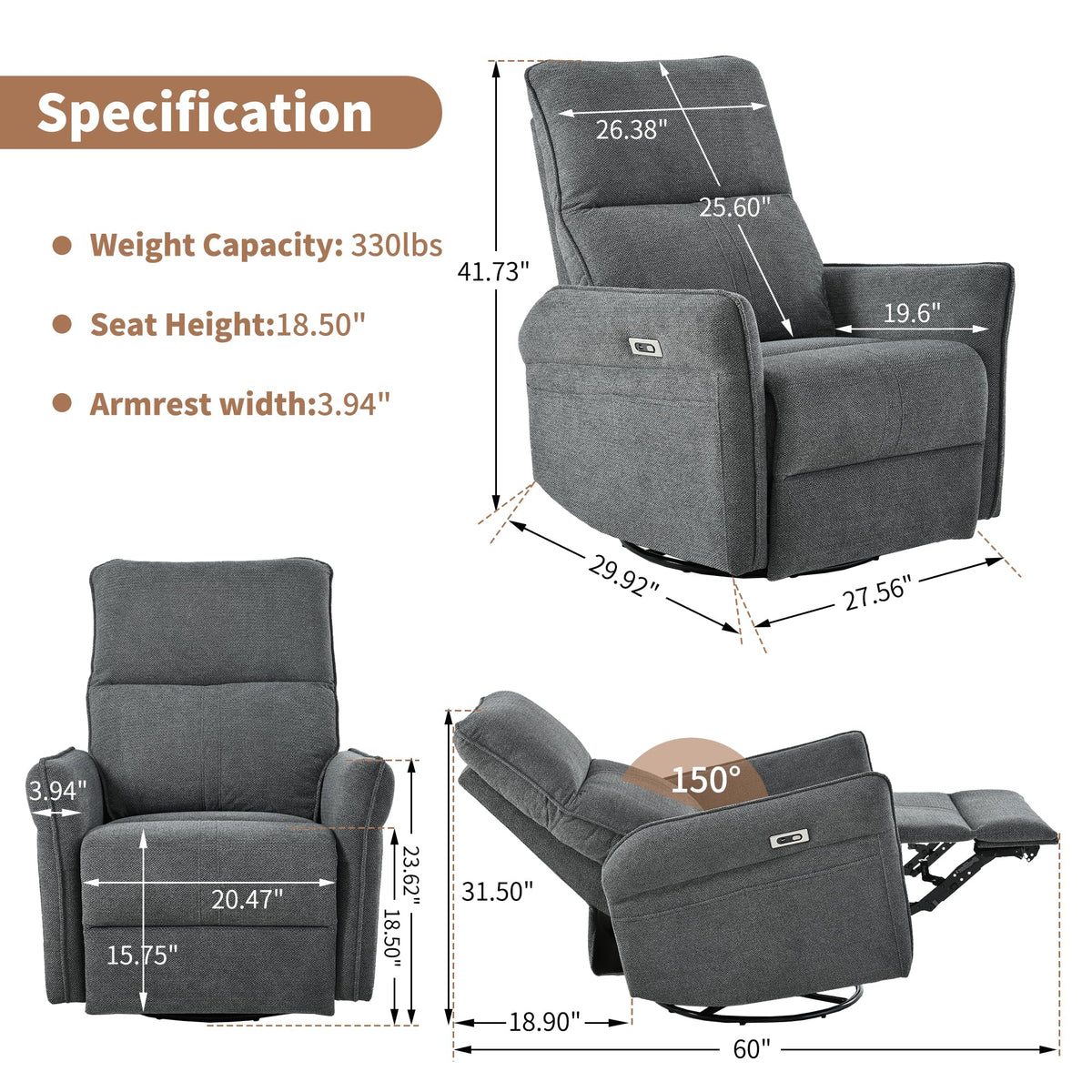 Power Swivel Rocker Recliner Chair Dark Gray G599