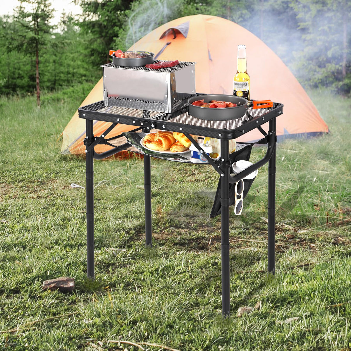 Lightweight Height Adjustable Aluminum Folding Grill Table with Mesh Desktop, Black H1573