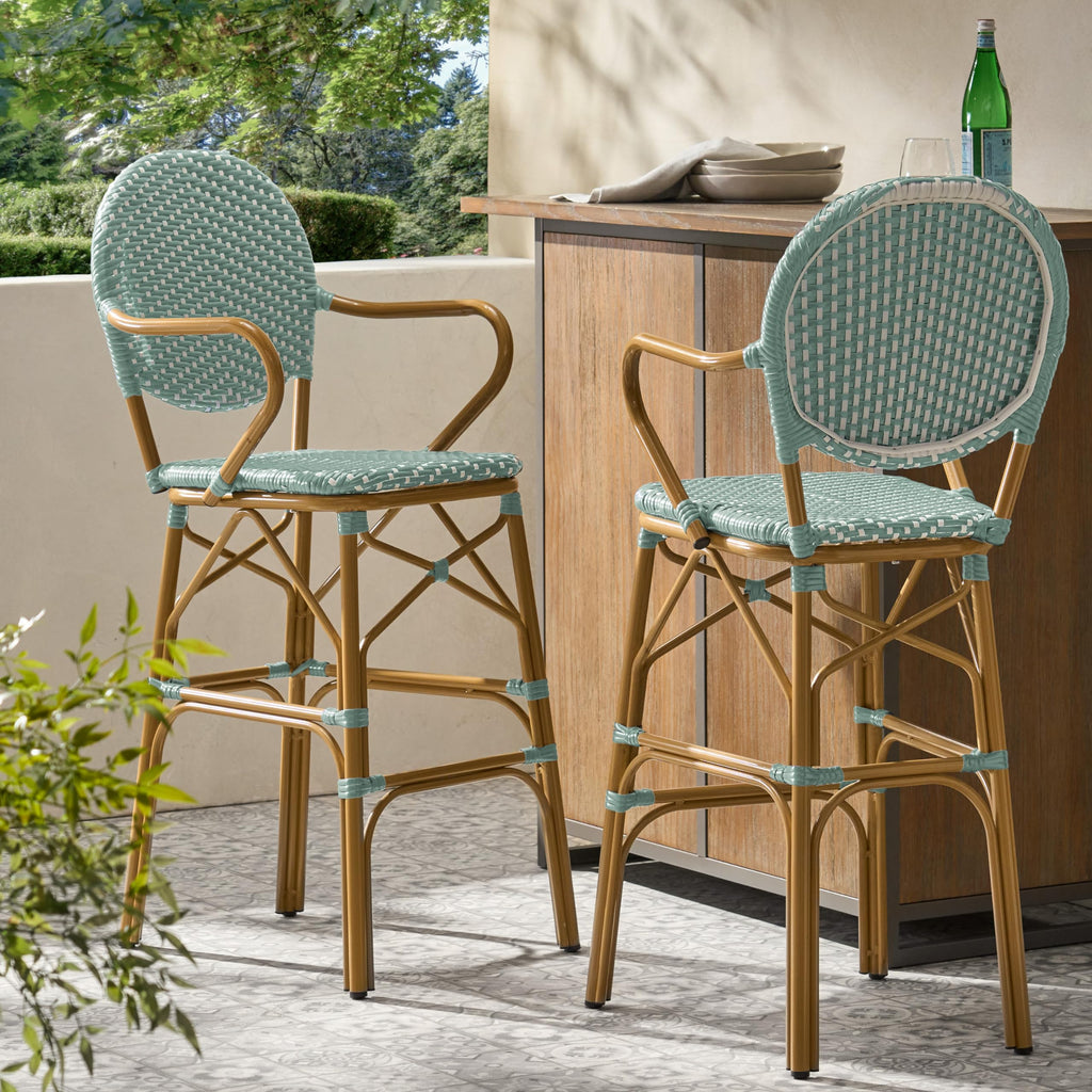 Teal Bamboo Print Wicker Aluminum Bar Stools Set of 2 F660778