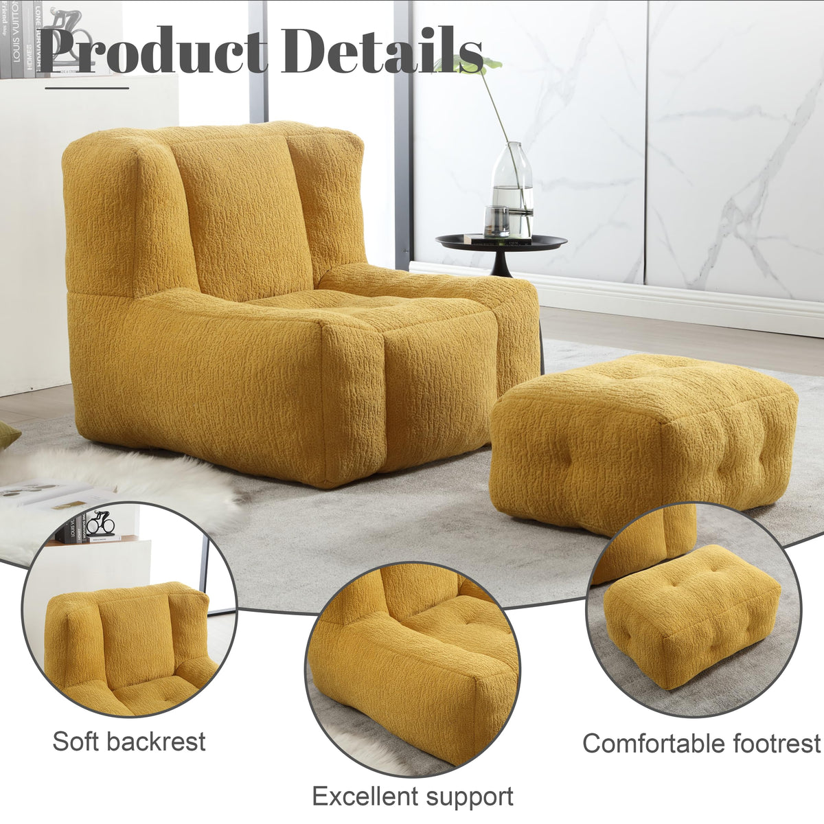Yellow Memory Foam Bean Bag Chair with Ottoman K128