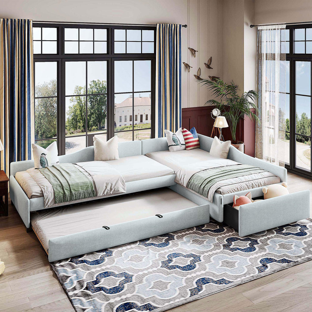 Double Twin Size L Shaped Upholstered Daybed with Trundle and Storage Drawer H662347