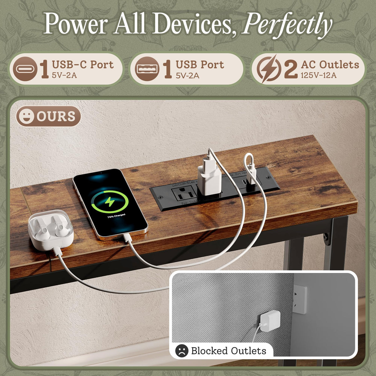 110.2 Inch Narrow Sofa Table with Power Outlets and USB-C Ports P676234